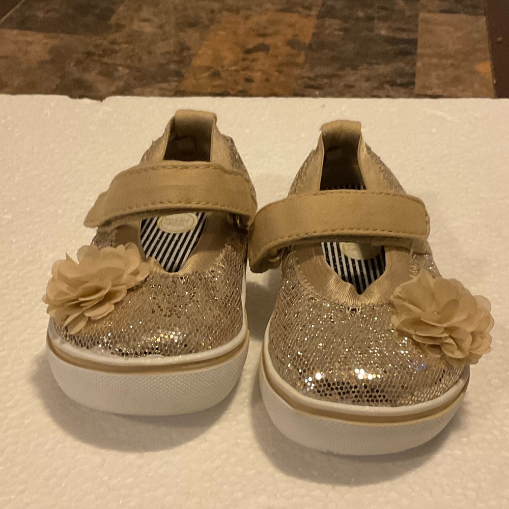 Sparkly Gold Kids Shoes with Flower Detail
